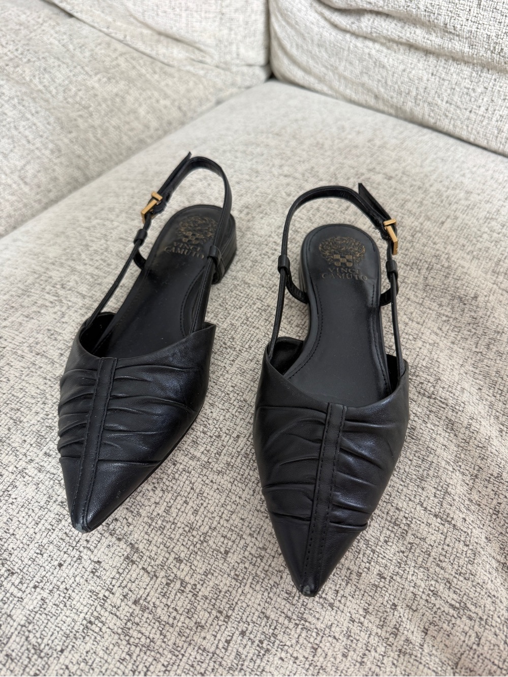 Vince Camuto Black Pointed Slingback Flats with Ruched Upper